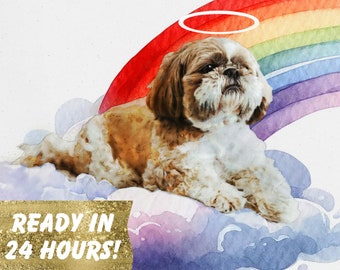 May include: A watercolor painting of a small, white and brown dog with a halo above its head. The dog is lying on a cloud with a rainbow in the background. The text "READY IN 24 HOURS!" is written in gold letters on a yellow banner.