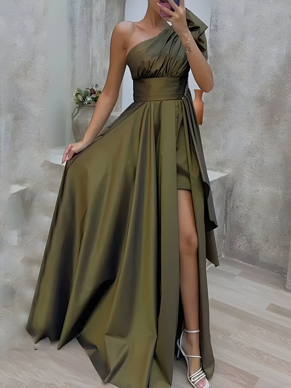 Elegant Dark Green 3D Floral One-shoulder Satin Long Prom Dress Evening Dress cc5342 main image 0