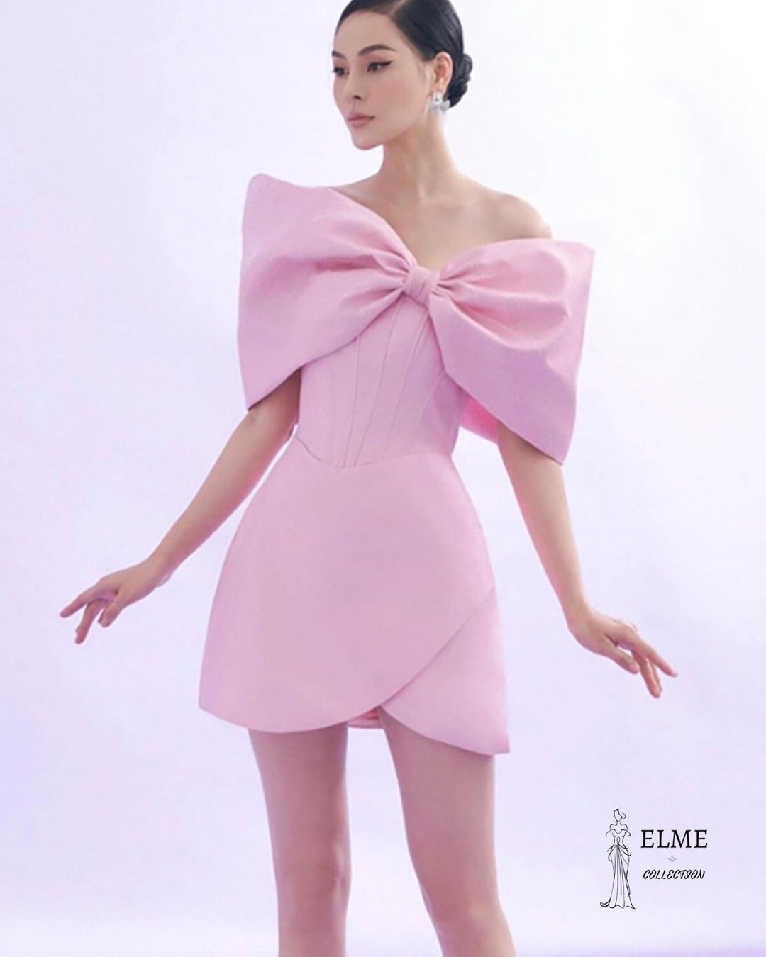 Strapless Bow Model Light Pink Mini Dress,,wedding Guest Dress,cocktail