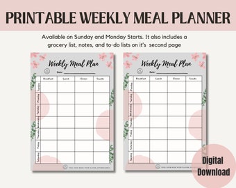 Printable Weekly Meal Planner Floral style Plan Your Meals -INSTANT DOWNLOAD, Weekly Menu Planner, Meal Planner Printable, Weekly Meal Plan
