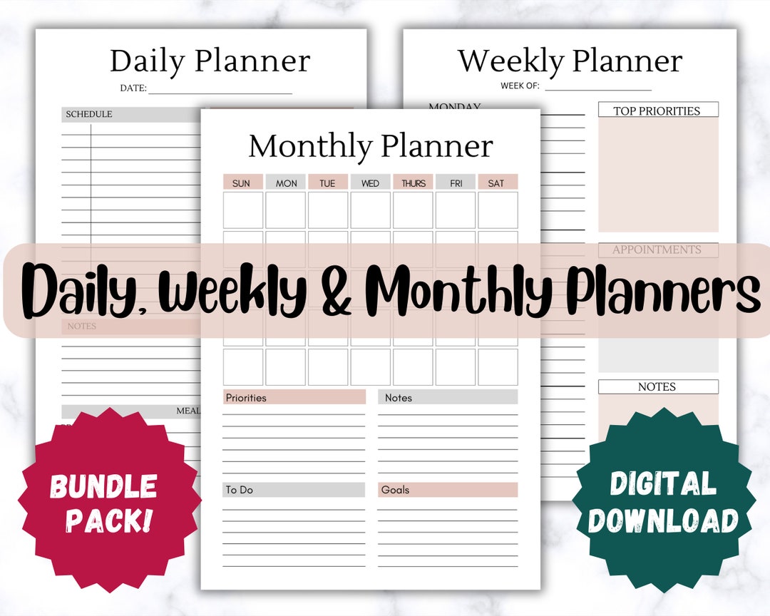 Printable Daily Planner Weekly Planner Monthly Planner Bundle PACK ...