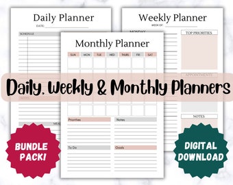 Printable Daily Planner Weekly Planner Monthly Planner Bundle PACK Productivity Planner, To Do lists, Notes 2024 Planners A4/A5/Letter