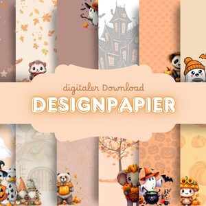 Könnte beinhalten: Digitales Designpapier mit Halloween- und Herbstmotiven. Das Designpapier zeigt Illustrationen von Geistern, Kürbissen, Fledermäusen und niedlichen Tieren mit Hüten. Der Text "digitaler Download DESIGNPAPIER" ist in der Mitte des Bildes zu sehen.