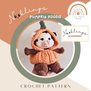 May include: A crochet plush toy shaped like a cow wearing an orange pumpkin hoodie with a green stem. The text Nooklings PUMPKIN HOODIE, VAN EEDEN CROCHET, Nooklings ACCESSORIES, and CROCHET PATTERN are visible on the graphic background.