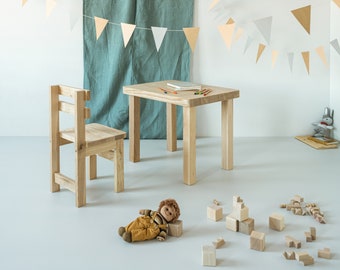 Ensemble table et chaise pour enfants d'âge préscolaire, table et chaise pour enfants, meubles Montessori, meubles minimalistes pour enfants, table et chaise en bois pour enfant