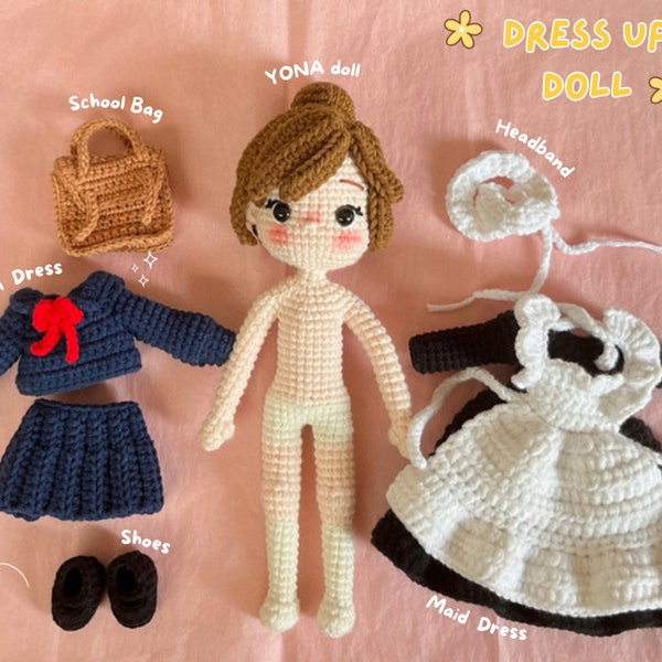 Crochet Dress Up Doll Girl, Doll Body, School Dress, Maid Dress y accesorios (SOLO PATRÓN)