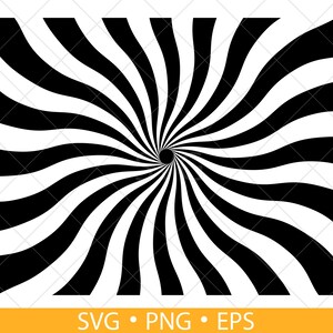 May include: Black and white swirling pattern radiating from a central point. The design features thick, curved stripes that create a dynamic, eye-catching effect. The bottom of the image includes the text "SVG • PNG • EPS".
