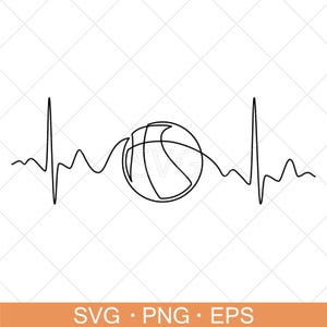 May include: A black and white line drawing of a basketball incorporated into a heartbeat design. The image includes the text "SVG • PNG • EPS" in an orange bar at the bottom.