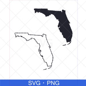 Op de afbeelding: Twee zwart-wit illustraties van de staat Florida. Eén is een effen zwart silhouet, en de andere is een zwarte omtrek. De afbeelding heeft de tekst "SVG • PNG" in een blauwe balk onderaan.