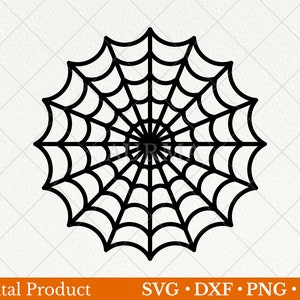 May include: Black spider web design. The image features a symmetrical spider web in black, set against a white background. The words "Digital Product" are at the bottom, along with file type options.