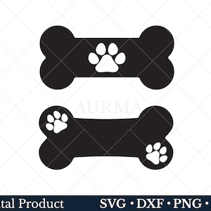 May include: Two black dog bone shapes with white paw prints. The top bone has a paw print in the center. The bottom bone has a paw print on the left side and a paw print on the right side.