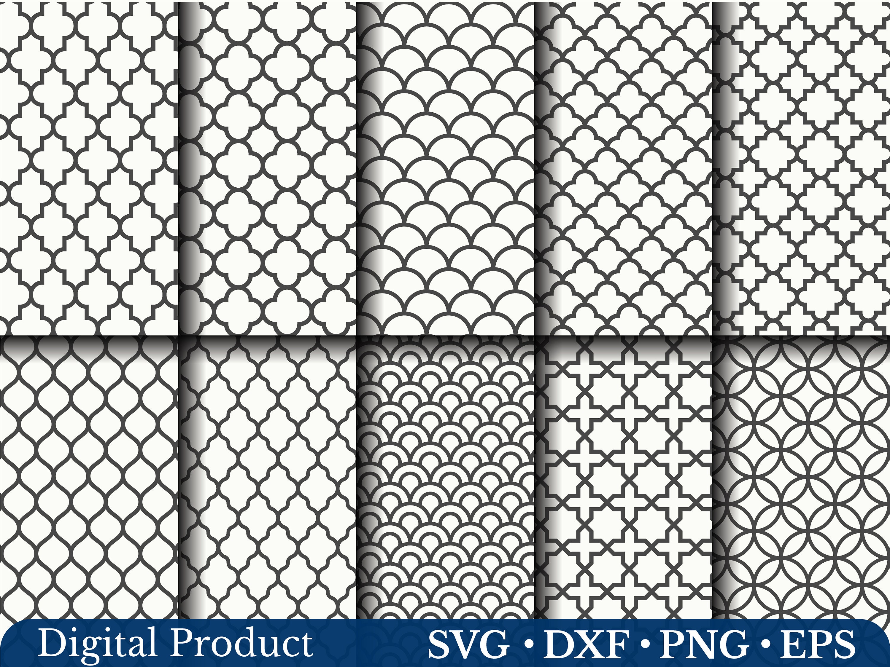 Geometric Seamless Pattern SVG Bundle – Quatrefoil, Wave, Retro Vintage Fabric Patterns PNG, DXF, EPS