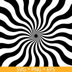 May include: Black and white swirling pattern radiating from a central point. The design features alternating curved stripes, creating a hypnotic, optical illusion. The bottom of the image includes the text "SVG • PNG • EPS".