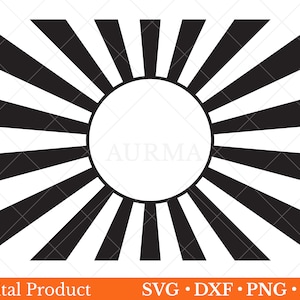 May include: Black and white sunburst design with a circle in the centre. The circle is empty and ready for text or an image.