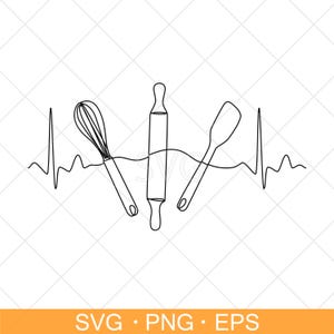 May include: Black and white line art illustration of baking tools: a whisk, rolling pin, and spatula. The tools are connected by a single line, with a heartbeat line running through them. The words "SVG • PNG • EPS" are at the bottom.