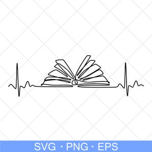 Può includere: Un disegno a tratto nero di un libro aperto con pagine spiegate, integrato con una linea di battito cardiaco. Il design è semplice ed elegante, suggerendo un amore per la lettura. La parte inferiore dell'immagine contiene il testo "SVG • PNG • EPS".