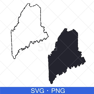 May include: Two black and white outline images of the state of Maine. One is a solid black silhouette, and the other is a black outline. The images are on a white background with a blue banner at the bottom that reads "SVG • PNG".