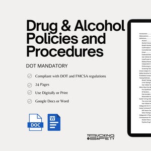Op de afbeelding: Een digitaal document getiteld "Drug & Alcohol Policies and Procedures" met een zwarte tablet met een inhoudsopgave. Het document is DOT-verplicht, voldoet aan de regelgeving en is digitaal of afgedrukt beschikbaar.