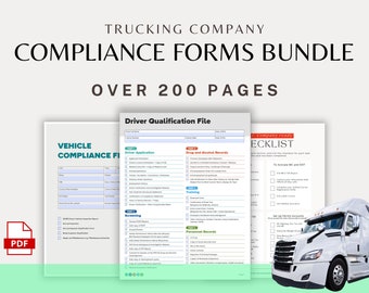 Puede incluir: Un paquete de formularios de cumplimiento para empresas de transporte por carretera, que incluye un archivo de calificación del conductor, un archivo de cumplimiento del vehículo y una lista de verificación. Los formularios están en formato PDF y cubren más de 200 páginas. La imagen también muestra un camión semirremolque blanco.