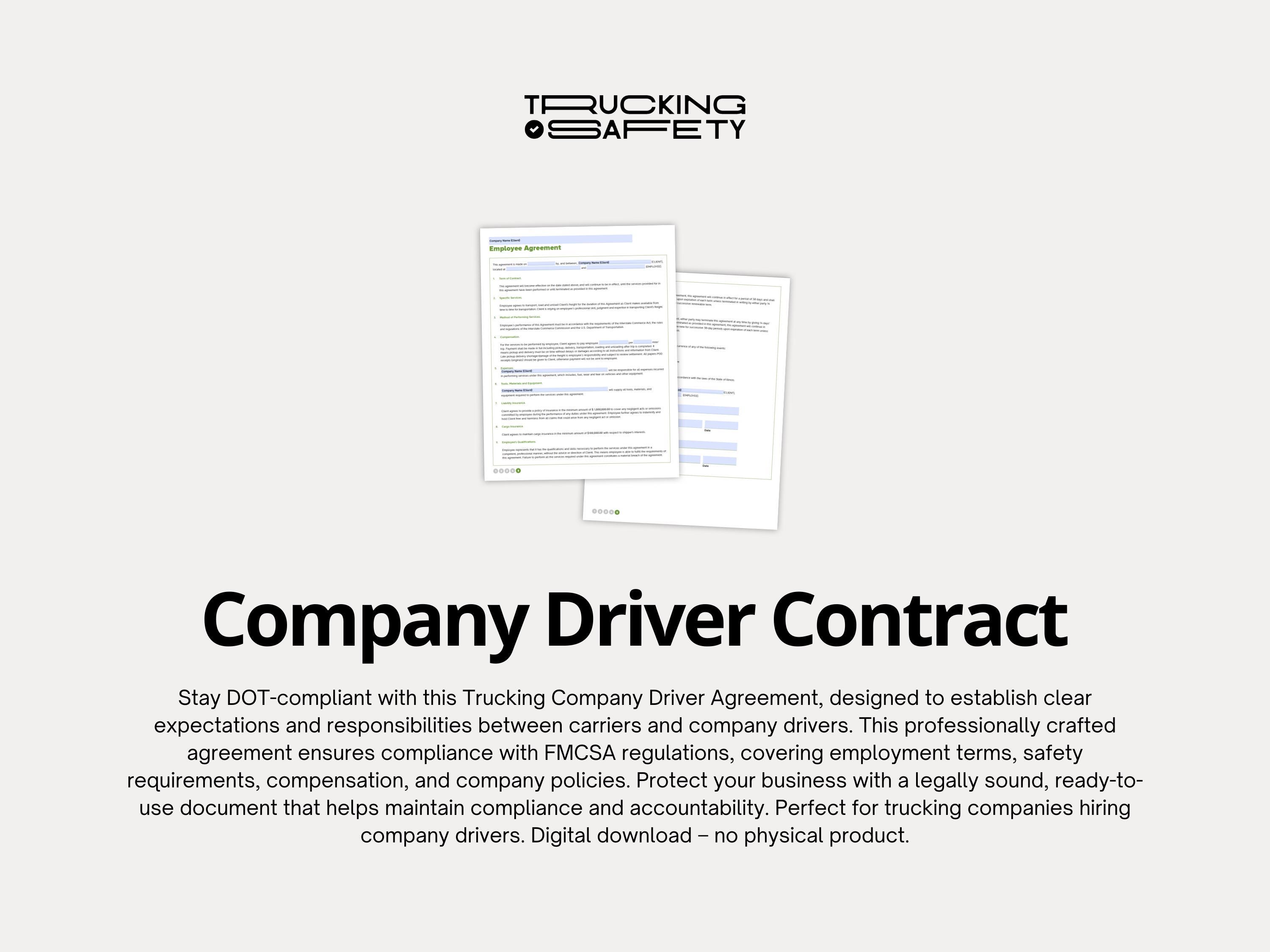Trucking Company Driver Contract | Employee Agreement (fillable PDF) - Etsy
