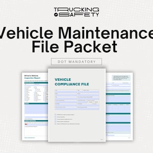 May include: A set of three forms for vehicle maintenance, titled "Driver's Vehicle Inspection Report", "Vehicle Compliance File", and "Driver's Vehicle Inspection Report". The forms are white with blue and green accents. The text "DOT Mandatory" is at the top of the page.