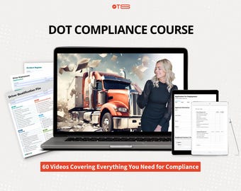 May include: A laptop computer screen shows a red semi-truck driving on a road with papers flying in the air. A woman in a black dress is standing next to the truck. The laptop is on a white surface with two documents, one titled "Driver Qualification File" and the other titled "Application for Employment". The text "DOT COMPLIANCE COURSE" is at the top of the image. The text "60 Videos Covering Everything You Need for Compliance" is at the bottom of the image.