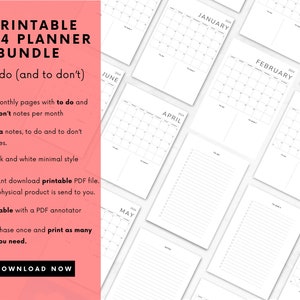 Op de afbeelding: Printbare 2024-plannerbundel met 12 maandelijkse pagina's, extra notitiepagina's en te doen- en niet te doen-lijsten. Zwart-witte minimalistische stijl. Direct downloadbare, printbare PDF-bestand. Bewerkbaar met een PDF-annotator. Eén keer kopen en zo vaak printen als je nodig hebt. Nu downloaden.