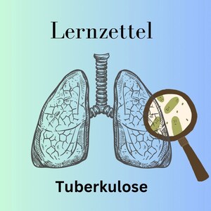Può includere: Un'illustrazione disegnata a mano di un paio di polmoni con una lente d'ingrandimento su un polmone. La lente d'ingrandimento mostra batteri verdi. Il testo "Lernzettel" è in alto nell'immagine e "Tuberkulose" in basso.