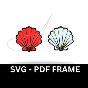 May include: Two seashells, one red and one white with green spots, are outlined in black. The text "SVG - PDF FRAME" is below the shells.