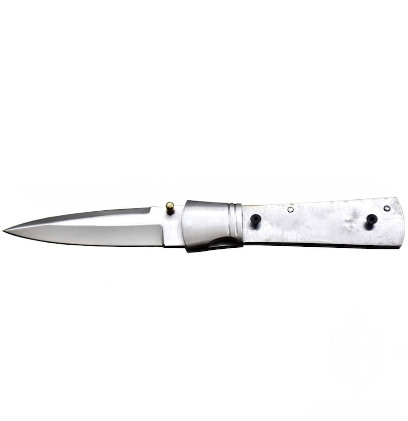 May include: A stainless steel folding knife with a pointed blade. The handle is a light silver color with black rivets. A small brass-colored pin is visible near the blade's hinge. The knife is designed for utility and everyday use.