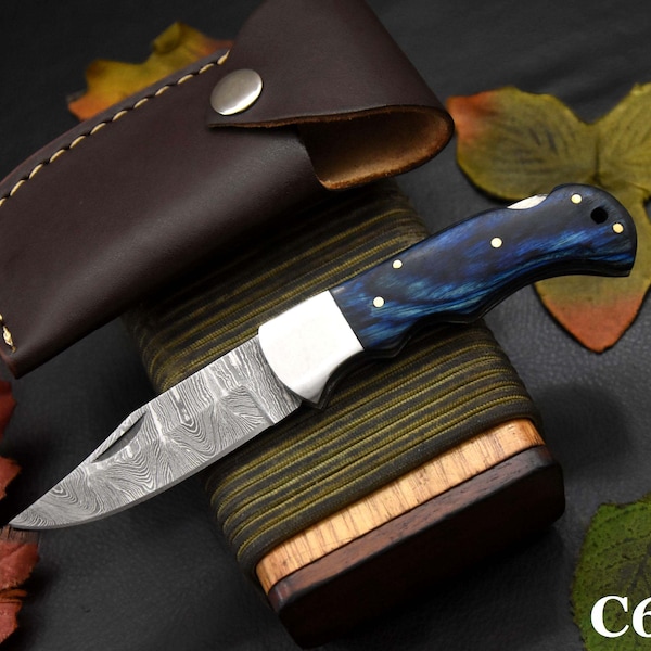 Custom Damascus Steel Folding Knife Handmade With Wooden Handle Leather Sheath (C660-A)