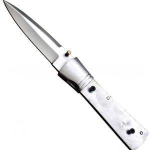 May include: A stainless steel folding knife with a polished blade. The knife has a silver handle with black rivets and a brass-colored pin. The blade is pointed and angled.
