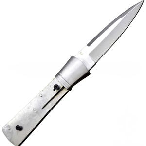 May include: A stainless steel folding knife with a pointed blade. The handle is made of a brushed metal material. The knife is open, displaying the full length of the blade and handle. The blade is sharp and reflective.