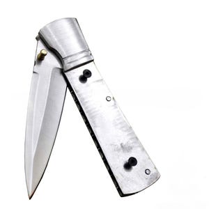 May include: A stainless steel folding knife with a partially open blade. The knife has a brushed metal finish and is set against a white background. The handle is riveted and has a textured edge.