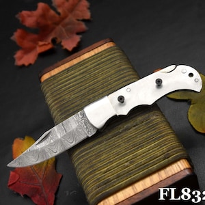 May include: A folding knife with a patterned blade and a silver handle rests on a green and brown textured surface. The knife is accompanied by autumn leaves. The text "FL832(A-J)" is visible.