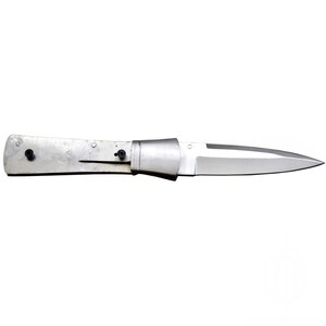 May include: A silver folding knife with a pointed blade. The handle is a light silver color with two black rivets. The blade is a shiny silver color. The knife is open and ready for use.