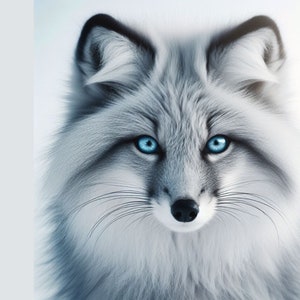 Könnte beinhalten: Nahaufnahme eines Silberfuchses mit durchdringenden blauen Augen. Der Fuchs hat ein weiches, flauschiges Fell und eine zarte, spitze Schnauze.