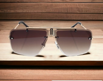 Edelstahl Sonnenbrille Pilotenbrille Gold Rechteckig Groß Oversized Facettenschliff Rahmenlos Getönt Braun Brillenbox Luxxada ®