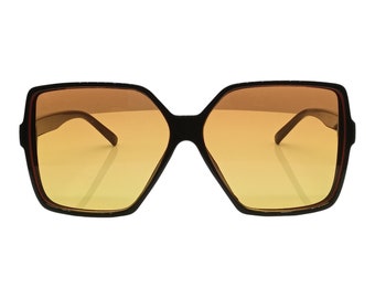 Vintage Sonnenbrille Damen Große Quadratische XL Gläser Orange Gelb Verlaufsgetönt 60er 70er Jahre Retro Brille + Brillenbox