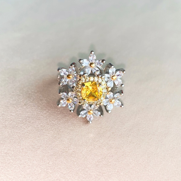 Yellow Zirconia Ring | Womens Ring | Yellow Diamond Rings | Flower Engagement Ring | Yellow Diamond Ring | Yellow Diamond Engagement Ring |