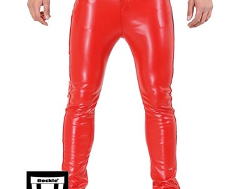 Bockle FSkinny Pantalon en cuir rouge Jeans en cuir Tube Rhre Skinny Slim Fit Pantalon en simili cuir rouge pour hommes