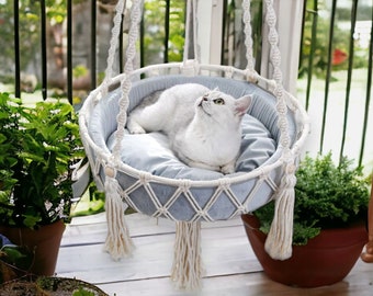Panier de chat suspendu - lit de chat en macramé boho - meubles pour chats - lit pour animaux de compagnie - meubles pour animaux de compagnie - panier pour chat mignon