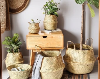 Handmade Seaweed Wicker Storage Baskets | Laundry Basket, Woven Storage Basket, Flowerpot Large Basket, Medium Basket, Small Basket, Folding