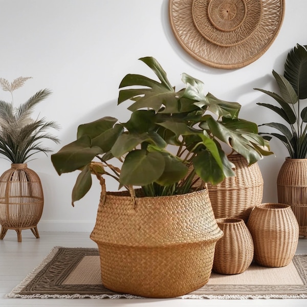 Handmade Straw Woven Foldable Plant, Flower Basket | Laundry Basket, Woven Storage Basket, Flowerpot, Seagrass Basket