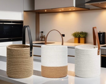 Handmade Woven Storage Basket With Handle | Hand Woven, Kitchen Decor, Wall Hanging Wicker Basket, Wicker Flower Pot, Garden Decor