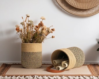 Handmade Cotton Rope Storage Basket With Handle | Kitchen Decor, Wall Hanging Kitchen Utensil Basket, Wicker Flower Pot, Hand Woven