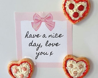 Heart pizza fridge magnet, cute miniature Italian food kitchen decor, pepperoni cheese margherita slice, kawaii salmon mushroom housewarming