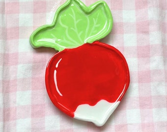 radish trinket dish vegetable clay trinket dish, cute jewelry tray, kawaii quirky plate, yummy food decor gift for foodie vegan veggie art