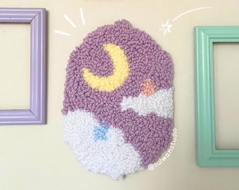 Moon stars cloud cute pastel wall decor, islamic gallery wall hanging nursery whimsical art colorful dreamy boho purple night sky babygirl