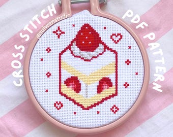 strawberry cake cross stitch pattern, kawaii video game anime food dessert needlework, embroidery PDF printable, red fruit pixel art decor